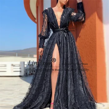 Seksi Yarık Siyah Gelinlik Modelleri Uzun Kollu Derin V Yaka Sequins Örgün Dubai Akşam Partisi Törenlerinde Mahkemesi Tren Vestido De Fiesta
