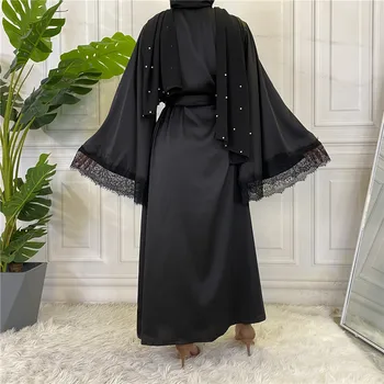 Açık Saten Abaya Dubai Kaftan Müslüman Kimono Hırka Elbiseler Longue Femme Arapça Elbise Musulmane Abayas Kadınlar Için İslam Giyim
