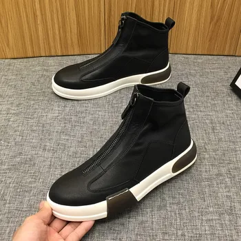 Yüksek Sonbahar Hip Hop Düz Üst Sneakers Erkek Fermuar Hakiki Deri 2021 Yeni Rahat Ayak Bileği Çizmeler Siyah Beyaz Moda Ayakkabı