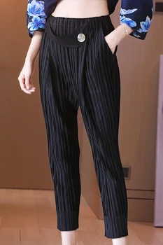 Kadın Pantolon Artı Boyutu 2021 Bahar Sonbahar Yeni Elastik Miyake Turba Düz Renk Rahat Ayak Bileği-Uzunluk Pantolon Kadın İçin 45-75 kg