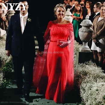 Tekne Pelerin Kollu Boncuklu Kırmızı Anne Gelin Elbiseler Uzun Düğün Parti Elbise Örgün Akşam Elbise NYZY M320