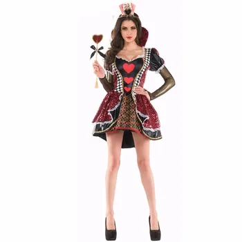 Alice İn Wonderland Kostüm Kırmızı Kraliçe Kalpler Kostüm süslü elbise Kadınlar ıçin Cadılar Bayramı Partisi Cosplay Kostümleri Yetişkin