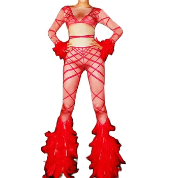 Kırmızı Tüyler Çizgili Rhinestones Backless Tulum Tiyatro Kostüm Kadınlar Için Gece Kulübü Performans dans kostümü Sahne Giyim