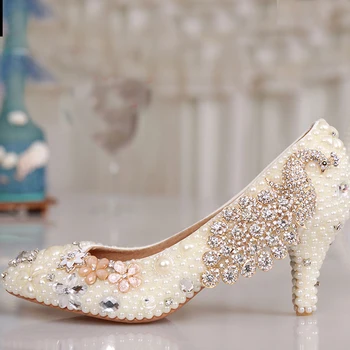 Mezuniyet Töreni Kadın Yavru Topuk Fildişi İnci Düğün Ayakkabı Lüks Renkli Kristal Ayakkabı Taklidi Pompaları Parti Balo Ayakkabı