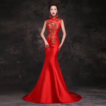 Gelin Geleneksel Çin Cheongsam Elbise Qipao Nakış Kırmızı Mermaid Gelinlikler Stil Chinois Femme Oryantal Elbiseler