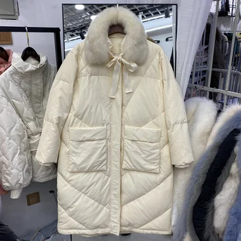 Kış Kadın 90 % Beyaz Ördek uzun kaban Kalın Sıcak Uzun Parkas Kar Puffer Ceketler Büyük Gerçek Tilki Kürk Yaka Dış Giyim giyim