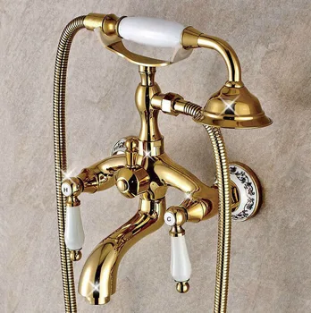 Modern Altın Pirinç Duvara Monte Banyo Küvet Bataryası Seti ile 1500MM El Duş Sprey Başlığı Mikser Dokunun 2tf414