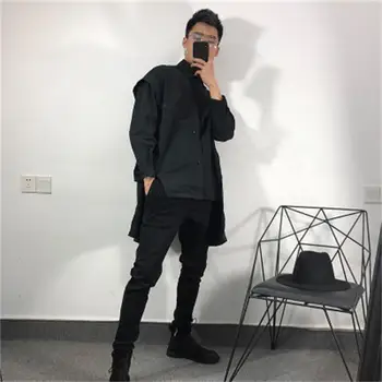 Erkek Uzun Kollu Gömlek İlkbahar Ve Sonbahar Yeni Koyu Yaka Düzensiz Asimetrik Gevşek Uzun Tasarım Gençlik Moda Trendi Fanila