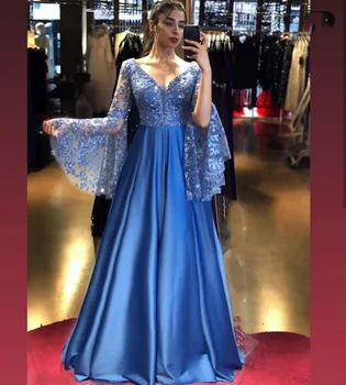 Mavi Uzun Kollu Abiye 2022 A-Line Dantel Aplikler Sequins Parlak Parti Balo Elbise Saten V Yaka Vestidos Robe De Soiree