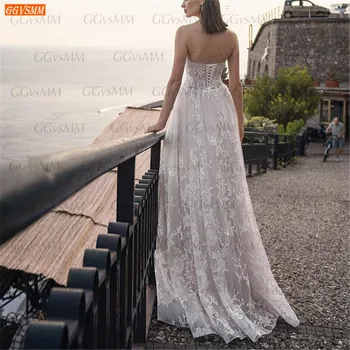Lüks Beyaz gelinlik 2021 vestido de noiva Kolsuz Lace Up Aplikler Gelin Kıyafeti A Hattı Kat-Uzunluk robe de mariee