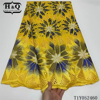 H & S altın afrika kumaş 5 yard swiss pamuk kumaş dikiş dantel elbise için rhinestone ve taş ile nijeryalı vual fransız tissu