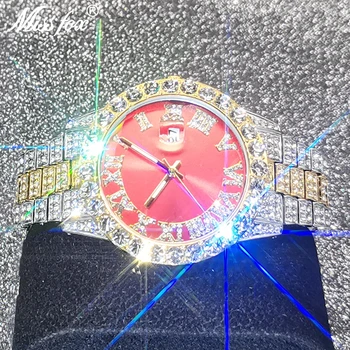 MISSFOX Erkekler Saatler Üst Tasarım Marka Lüks Buzlu Out AAA Elmas Bling Kırmızı İzle Paslanmaz Çelik Iş Spor Saatler Takı
