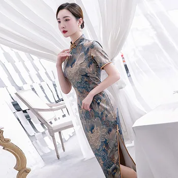 Kadınlar Zarif Çiçek Baskı Uzun Qipao Vintage Düğme Trim Geleneksel Çin Elbise Yaz Seksi Ince Zarif Cheongsam