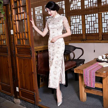 Yeni Tasarım Çin Bayan Cheongsam Yaz Vintage Uzun Cheongsam Elbise Ince Zarif Geleneksel Çin Qipao Elbiseler