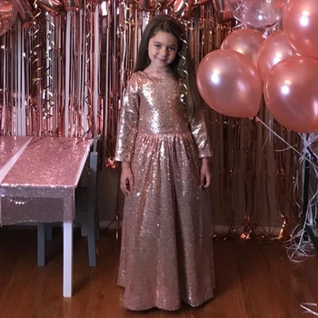 Parlak Altın Sequins Çiçek Kız Elbise Uzun Kollu Kız Pageant Törenlerinde Kabarık Çocuklar Balo Elbise Çocuk Düğün Parti Abiye