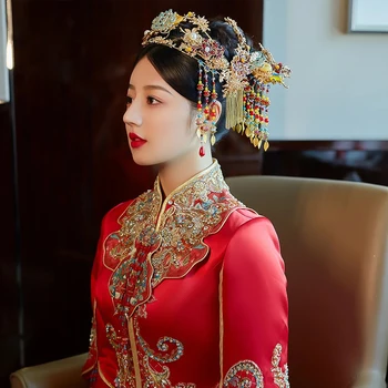 HIMSTORY Lüks Klasik Çin Gelin Headdress Antik Çin Düğün Saç Tokası Çiçek Gelin Takı Saç Aksesuarları