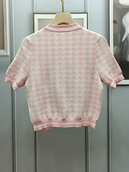 Yüksek 2021 Yaz Kaliteli Kadın Ekose Örme Kısa Kollu Üstleri Bayanlar Günlük T-Shirt Tee 3 Renk Gndz 2.27