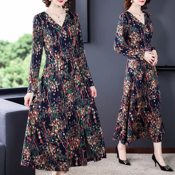 Bahar Sonbahar Çiçek Örgü Pamuk Midi Elbise Kadınlar Kore Vintage Uzun Kollu Maxi Elbise 2022 Zarif Bodycon Parti Vestidos