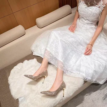 Kristal elbise 2021 pullu yüksek topuklu nişan ayakkabı kadın ince topuklu PD