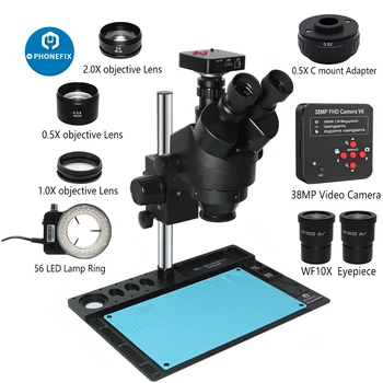 Telefon PCB Lehimleme Lab Endüstriyel 3.5 X-90X Simul-odak Trinoküler stereo yakınlaştırmalı mikroskop VGA HDMI Kamera + Siyah Alüminyum Ped