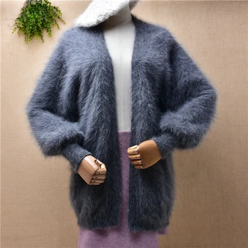 Kadın kadın moda gri vizon kaşmir örme uzun fener kollu gevşek hırka manto angora kürk kış ceket kaban kazak