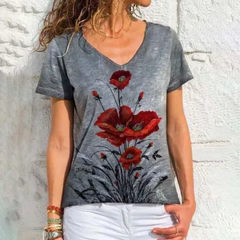 Zarif Çiçek Baskı Moda kadın Giysileri Yaz Kısa Kollu V Yaka Artı Boyutu Gevşek Kadın Streetwear günlük t-shirt Tops
