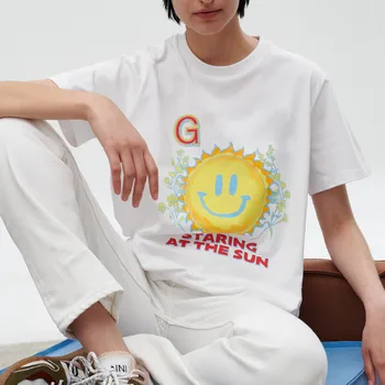 Kadın Yaz Beyaz Baskı Ince pamuklu tişört Kadın Yüksek Sokak Marka Rahat O-Boyun Üst Bayanlar Moda Tasarlanmış Gevşek Tee ML085