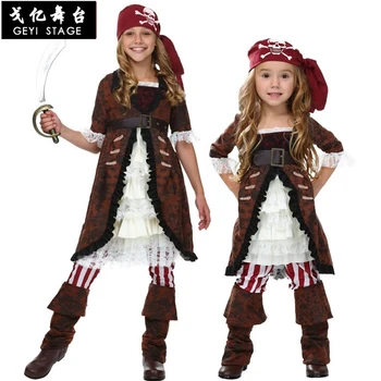 Ücretsiz kargo Korsanlar Cadılar Bayramı kostüm çocuklar için Korsan Kaptan Cosplay otoriter kız korsan kostüm