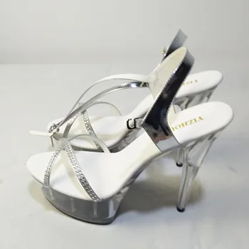 Yaz kadın gümüş 15 cm yüksek topuk sandalet simülasyon deri topuklu seksi gece kulübü ayakkabı için