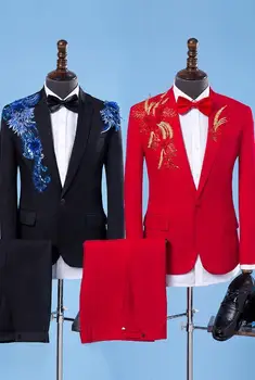 Siyah kırmızı 2020 yeni varış moda ınce erkekler sequins takım elbise seti pantolon erkek takım elbise düğün damat resmi elbise takım elbise + pantolon + kravat