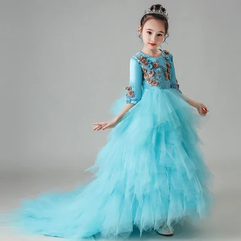 Çiçek Kız Elbise Aplikler Kristal Nakış Üç Çeyrek O-Boyun Prenses Kat-Uzunluk Dantel Tül Lüks Çocuklar Parti Kıyafeti H314