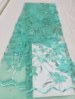 Son Yeşil Fransız Tül 3D Dantel Kumaş Afrika 3D Çiçekler Dantel Nakış İsviçre Vual Dantel Nijeryalı düğün elbisesi LCD944B