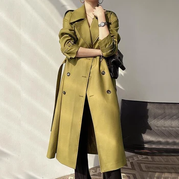 Kadın Uzun Trençkot ıle Kemer Rüzgarlık Palto Kadın Katı Haki Yeşil Kruvaze Ceketler Sonbahar 2021 Zarif