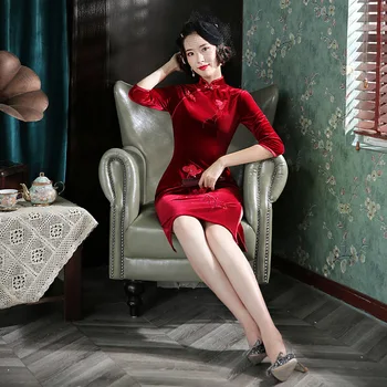 Ilkbahar Ve Sonbahar Altın Kadife Uzun Tarzı Işlemeli Cheongsam Nakış Matkap Uzun Kollu Cheongsam çin elbisesi Qipao