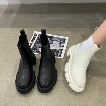 2021 Yeni Yuvarlak Ayak Platformu Chelsea Çizmeler Kadın Tıknaz Topuk Motosiklet Çizmeler Kadın Katı Tasarımcı Ayakkabı Kadınlar üzerinde Kayma
