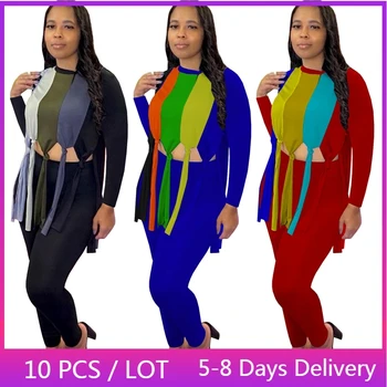 Toptan Öğeler Streetwear Bayan Iki Parçalı Setleri Renk Patchwork Püsküller Kırpma Üst Pantolon Seti Moda Sıska 2 Parça Eşleşen Setleri