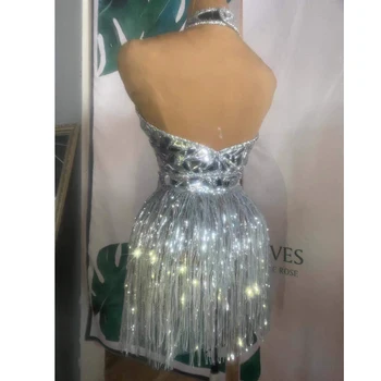 Moda Shining Gümüş Püskül Kristaller Elbise Akşam Parti Giyim Balo Sequins Elbiseler Şarkıcı Doğum Günü Kutlamak Costomes DN7510