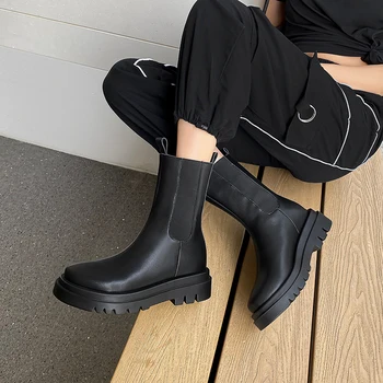 Bayanlar Siyah Hakiki Deri Düz Platformu yarım çizmeler Kadın Sonbahar Kış Chelsea Tıknaz Çizmeler Ayakkabı Bottes Plateforme Femme
