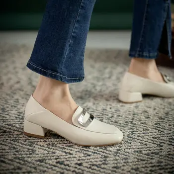 2021 yeni bahar yaz kadın ayakkabı tıknaz orta topuklu loafer'lar slip-on lady pompalar ofis düğün kadın topuklu büyük boy 33-47