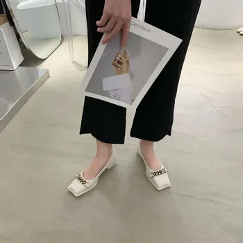2022 Kore versiyonu bahar yeni moda kalın topuklu zincir kadın tekler düşük topuk kare ayak Mary Jane ayakkabı