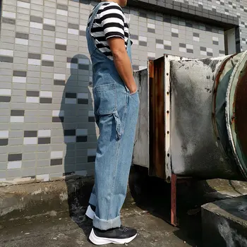 Kot Erkek Tulum Önlüğü Denim Tulumlar Workwear Büyük Gevşek Düz Kargo Pantolon Hip Hop Moda Mavi Pantolon Büyük Boy 30-46