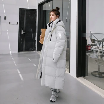 Kore kadın gevşek büyük boy kalınlaşmış uzun kapşonlu pamuk ceket kış ceket düz renk ekmek ceket pamuk ceket