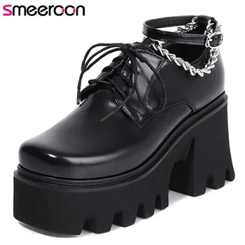 Smeeroon 2021 Yeni Moda Punk Ayakkabı Kadın Pompaları Zincir Dantel Up Popüler Serin rahat ayakkabılar Kare Topuk platform ayakkabılar Bayanlar