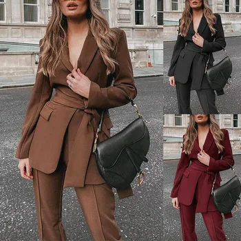 Ofis Lady 2 Parça Set Kadın Eşofman Bahar Sonbahar Giyim Uzun Kollu Ceket Pantolon Takım Elbise Rahat Kıyafetler Conjunto Feminino