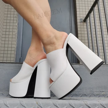 DOHBANER Hakiki Deri Kadın Sandalet Blok Kalın Yüksek Topuklu Katır Yükseklik Artış Slaytlar Slip On Seksi Ayakkabı Boyutu 39 41