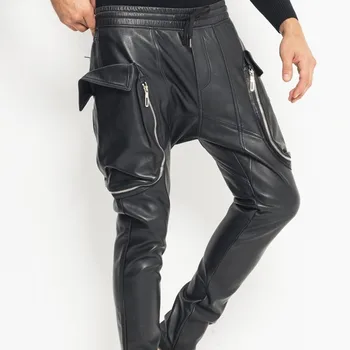 Yeni Moda Erkek Casual Büyük Cepler Elastik Bel Joggers Harem Koyun Hakiki Deri Bırak Crotch Çapraz Pantolon 35