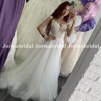 2021 Plaj düğün elbisesi Tül Aplikler Cap Kollu Boho Gelin Gelinlikler Özelleştirmek suknia ślubna uzun Elbise Yaz