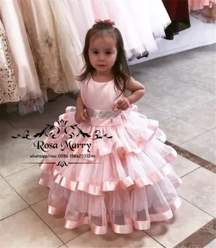 Güzel Pembe Balo Kız Pageant Elbise 2021 Cupcake Artı Boyutu Katmanlı Tül Kız Doğum Günü Partisi İlk Communion elbise Çocuklar İçin
