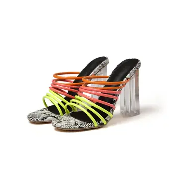 Temizle Şeffaf Kare Yüksek Topuklu Burnu açık Katır Yılan Cilt Karışık Renk Slip-On Sandalet yazlık terlik Pist kadın ayakkabısı