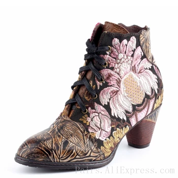 El yapımı Işlemeli Çiçekler Ipek ve Hakiki Deri Çizmeler Kadınlar ıçin Lüks Vintage Ayakkabı 6 cm Yüksek Blok Topuklu Büyük Boy 36-42